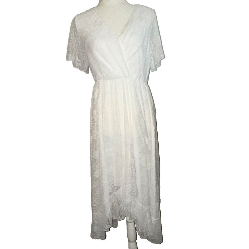 Scomchic White Floral Lace Wrap Dress V-Neck Flutter Short Sleeve Midi Size L